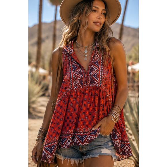 Free People Tops - Free People Boho Tunic Dress Medium Red Paisley Printed Mini Collar Button Front